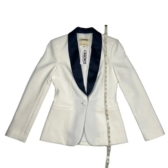 NWT L'AGENCE Women's Sz 2 White Blazer Satin Navy Contrast Lapel Smoking Jacket